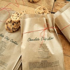 chocolate chip cookies are wrapped in brown paper