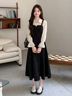 Women's Colorblock Lapel Long Sleeve Elegant Short Dress Black and White Casual  Long Sleeve Woven Fabric Colorblock,Plain A Line Non-Stretch  Women Clothing, size features are:Bust: ,Length: ,Sleeve Length: Elegant Dresses Korean, Cute Dresses Modest, Korean Dress Elegant, Siren Outfits, Nice Black Dress, Japanese Fashion Women, Cute Professional Outfits, Elegant Dresses Short, Outfits Concert