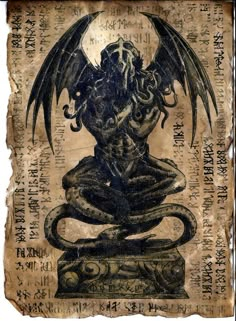 a drawing of a demon sitting on top of a book with writing all over it