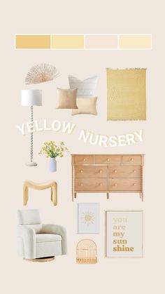 the yellow nursery room is filled with furniture and decor, including a dresser, chair, lamp