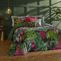 Exotic Floral Duvet Cover Green & Pink 100% Cotton Reversible Bedding Set.   "This pin contains affiliate links, which means I may earn a commission at no cost to you extra for you". 
 #affiliate #advertising"