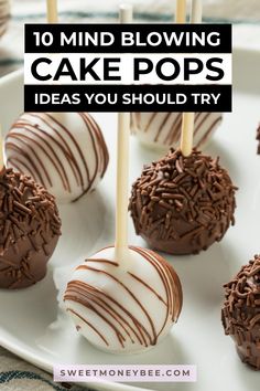 chocolate covered cake pops on a white plate