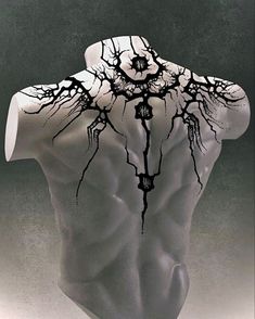 the back of a man's torso with tree branches on his body, as if it were an art work