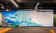 an office with a large mural on the wall