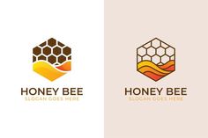 the honey bee logo is shown in three different colors and sizes, including brown, yellow,