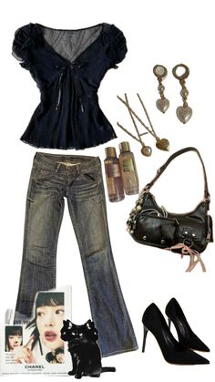 a woman's outfit including jeans, heels and purse