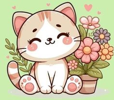 a cartoon cat sitting next to a potted plant with flowers in it's paws