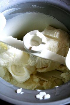 a blender filled with ice cream and bananas