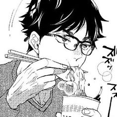 a drawing of a man eating food with chopsticks in his hand and drinking from a cup