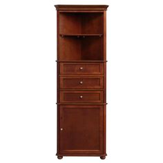 a tall wooden cabinet with drawers on the top and bottom shelves, in front of a white background