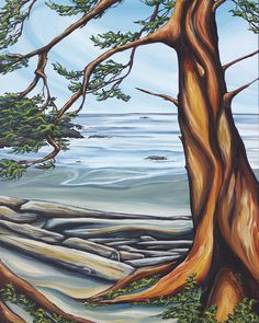 an oil painting of a tree on the beach