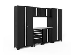 a black cabinet with two drawers and one door on the right side is open to reveal a workbench