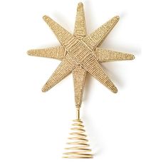 a gold christmas ornament with a star on top and spirals at the bottom