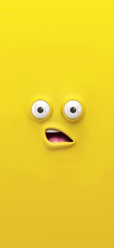 a yellow background with an emoticive face and two large eyes, one looking at the camera