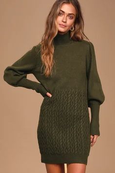 Sexy Sweater Dresses at Lulus | Sweater Dresses for Women Green Sweater Dress, Cozy Sweater Dress, Sweater Dress Outfit, Olive Green Sweater, Latest Fashion Dresses, Fresh Perspective, Turtleneck Sweater Dress, Knit Turtleneck, Knit Turtleneck Sweater