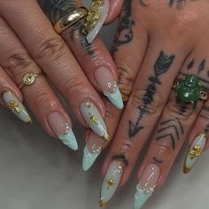 #nails #nailsofinstagram #gelnails #acrylicnaildesigns #acrylic #stiletto #gold #elegant #aesthetic #classy #french Carrie Bradshaw Nails, Nails Done Aesthetic, Teal Almond Nails, Feminist Nails, Elegant Aesthetic Classy, Teal And Gold Nails, Virgo Nails Acrylic, Virgo Nails Designs, Festival Nail Ideas