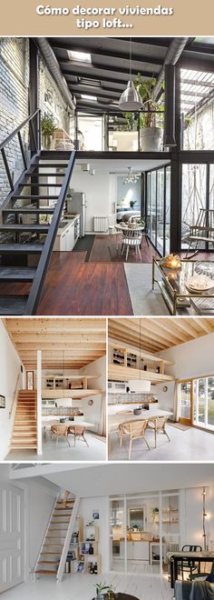 the inside and outside of a house with stairs, dining room table, kitchen area and living room