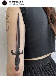 Dagger Leg Tattoo, Tiddy Tats, Dagger Designs Ideas, Dagger Forearm Tattoo, Dagger Tattoo Placement, Random Tattoos Ideas, Sketches Of Tattoos, Elvish Tattoo, I Need More Tattoos