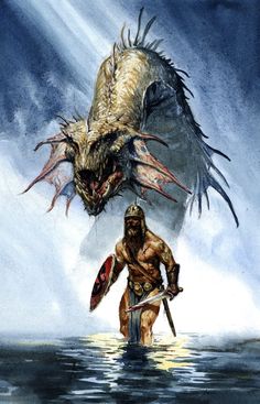 a painting of a man standing in the water next to a giant monster with two spears