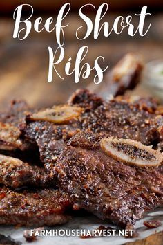 beef short ribs on a cutting board with text overlay