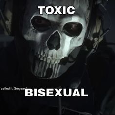 a skeleton wearing headphones with text that reads, toxic bisexal