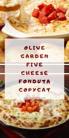 three different types of food with the words olive garden five cheese fondant