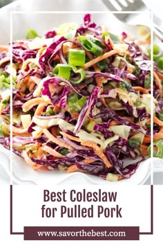 the best coleslaw for pulled pork is served on a white plate with a fork