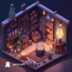 a low poly model of a living room with bookshelves and candles on the fireplace