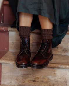 A quality leather lace up boot, crafted in England in a burgundy 'rub off' high shine leather, giving a two tone vintage effect. Constructed with a Goodyear welted, soft suspension sole. These boots are built to last and are the perfect winter boot, lasting for many years to come.Please see the 'Sizing' description bel Solovair Astronaut Boots, Vintage Winter Shoes, Vintage Boots Aesthetic, How To Style Winter Boots, Solovair Boots Outfit, Dark Academia Boots, Vintage Boots Outfit, Winter Shoes Aesthetic, Winter Boots Aesthetic