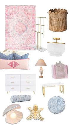 a collage of pink and gold decor