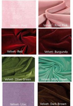 different colors of velvet fabric with names on them