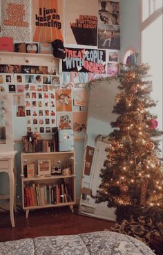 a bedroom with a christmas tree in the corner