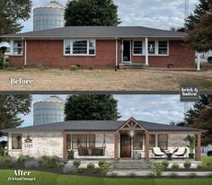 before and after pictures of a brick ranch house