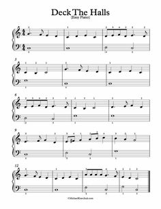 sheet music with the words deck the hall written in black and white, on top of it