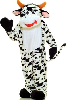 the cow is wearing a black and white outfit with horns on it's head