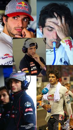 many different pictures of the same man in racing clothes and hats, one with his hand on his face