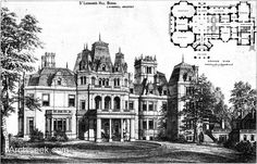 an old drawing of a large house with lots of windows