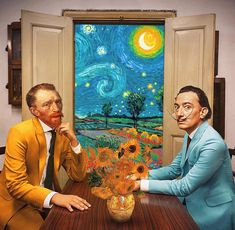 two men sitting at a wooden table with fake sunflowers in front of them