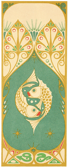 an art nouveau poster with two fish on it's back and gold trimmings