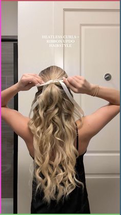 Ribbon updo with heatless legging curls tutorial hairstyle Heatless Legging Curls, Legging Curls Tutorial, Ribbon Updo, Updos For Summer, Legging Curls, Messy Updos, Curls Tutorial, Ribbon Curls, Different Types Of Curls