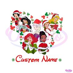 the disney princesses are surrounded by hearts and clovers with their name on them