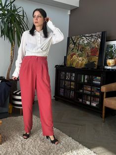 Vintage 80s women's pegged pleated front pants in watermelon pink with pockets. Made in Denmark. MATERIAL: 67% Viscose, 33% Polyester. CONDITION: Excellent. SIZE AS ON THE LABEL: 40 DK. Model is 168cm tall, size S. For true to size guarantee check the MEASURMENTS: Waist 29.1" (74cm) / Hips 44.1" (112cm) / Length 40.2" (102cm) Each item is hand-picked, pre-used and vintage. If you have any questions, kindly reach out via message.    Visit my shop for more vintage & y2k items:  https://www.etsy.co Pegged Trousers, Y2k Items, Peg Trousers, 80s Women, Fit Womens, Womens Pants, Vintage Y2k, Favorite Outfit, Watermelon