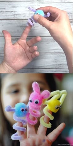 three different pictures of small toys in the shape of people's hands and fingers