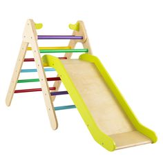 Costway 2-in-1 Wooden Climbing Triangle Set Triangle Climber W/ Ramp Multi-color Wooden Playground Equipment, Mega Mart, Climbing Triangle, Climbing Equipment, Climbing Ladder, Waterproof Paint, Indoor Fun, Amusement Parks, Building For Kids