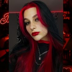 Pinterest girl red hair black hair alternative Black Hair With Red Face Frame, Black And Bright Red Hair, Halo Dyed Hair Red, Black Hair With Red Halo, Red And Black Halo Hair, Black Hair Red Fringe, Black Hair With Halo Color, Black And Red Emo Hair, Red Hair Black Bangs