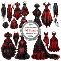 some red and black dresses on display in front of a white background with the words jpg bundle