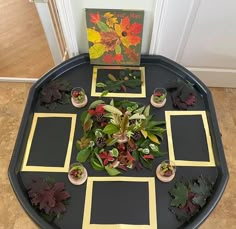 there is a black tray with pictures and plants on the table next to an open door