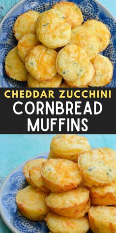 cheddar zucchini cornbread muffins on a blue plate