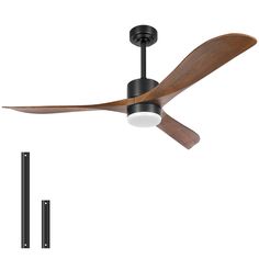 a ceiling fan with two wooden blades and a light on the bottom one is black