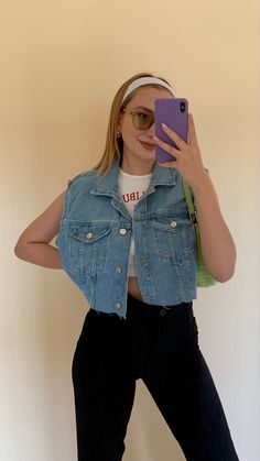 Denim Vest Outfit Summer, Denim Vest Outfit Aesthetic, Jean Vest Outfit, Demin Outfit, Cold Outfit, Crop Denim Vest